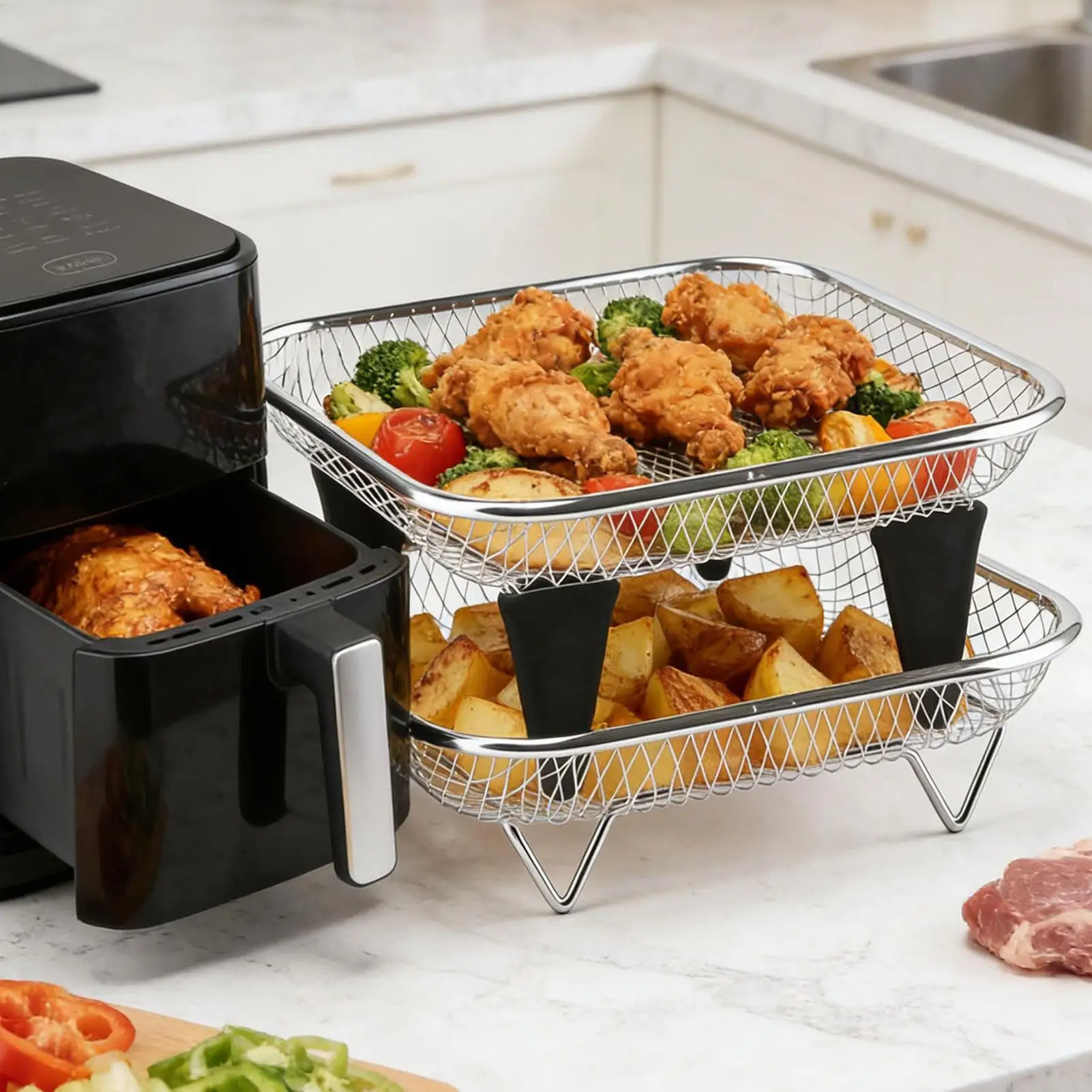 2 Piece Stainless Steel Air Fryer Dehydrator Rack Air Fryer Accessories Stackable Tray for Broiling Cooking Dehydrating Meal