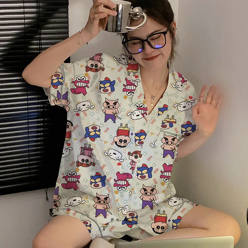 

Женский пижамный комплект Kawaii Crayon Shin-Chan, Мультяшные аниме шорты с коротким рукавом, комплект из двух предметов, мягкая дышащая летняя Домашняя одежда, подарок