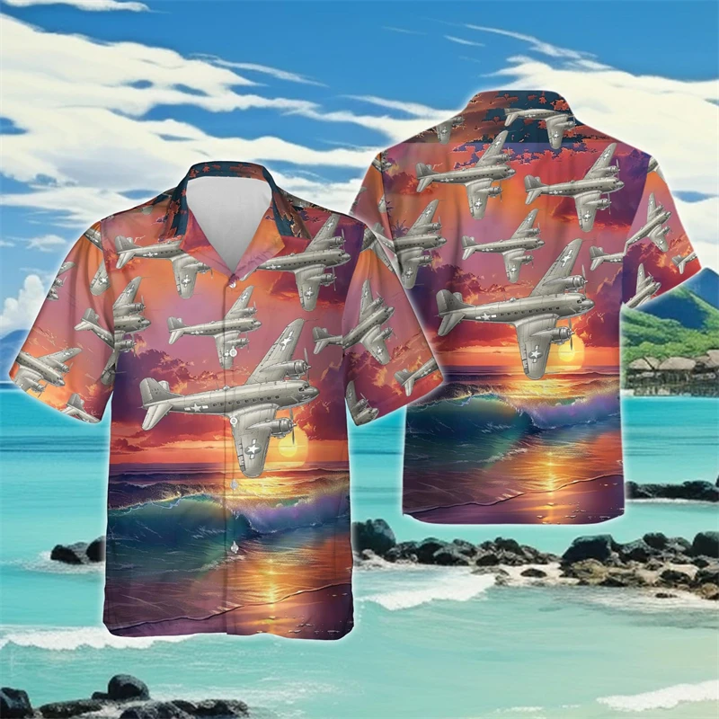 Hawaiian Airplane Aviation 3D Printed Beach Shirts Casual Pilot Shirt For Men Clothes Fashion Aircarft Lapel Blouse Fighter Tops