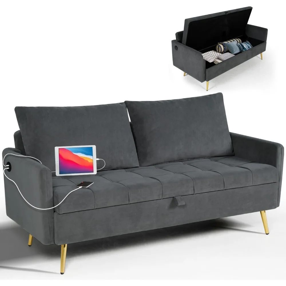 

60 "W velvet sofa, bedroom, living room, office, dormitory, comfortable cushion, 2 USB charging ports, dark grey