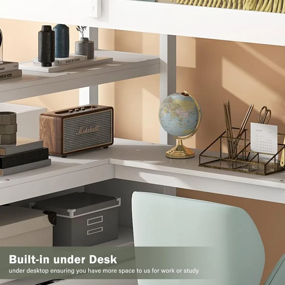 سرير علوي مزدوج مع سلالم ومكتب، سرير علوي من الخشب الصلب مع سلالم تخزين، إطار سرير مرتفع للدرج مع خطوة تخزين #4