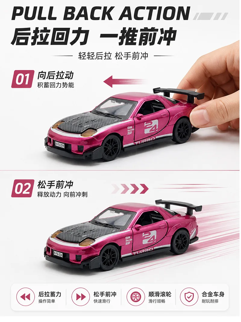 1:36 NISSAN GTR & RX7 MX5 Spielzeugauto mit zu öffnenden Türen, Rückziehfunktion, bemaltes Sammlerstück, ideales Geburtstagsgeschenk für Kinder – Detail 7