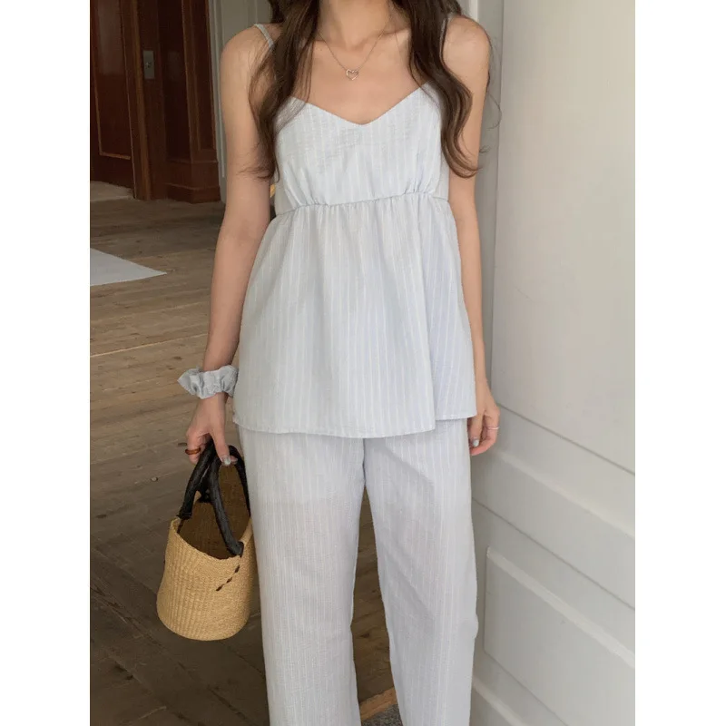 Ladies' Summer New Girl Striped Sweet Loungewear Pajama Set