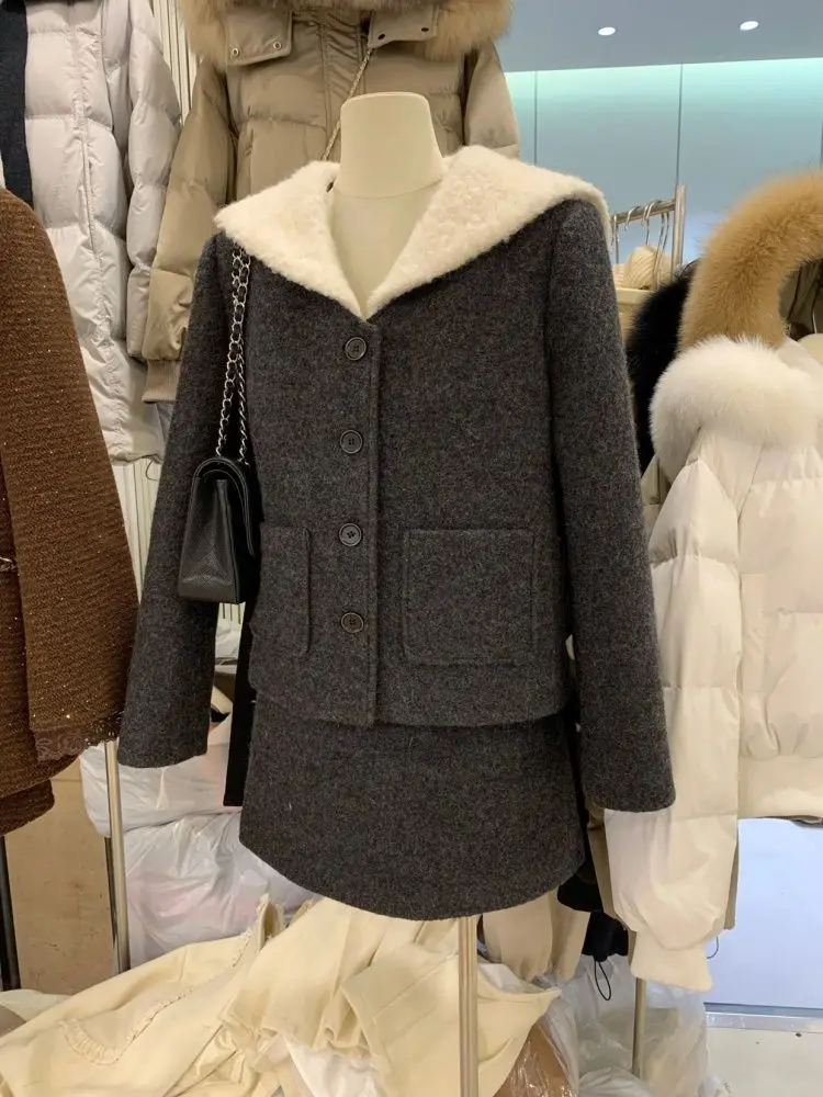 النمط البريطاني البحرية طوق أسفل سترة الشتاء الجديدة كلمة تنورة قصيرة الصوفية دعوى النساء #3