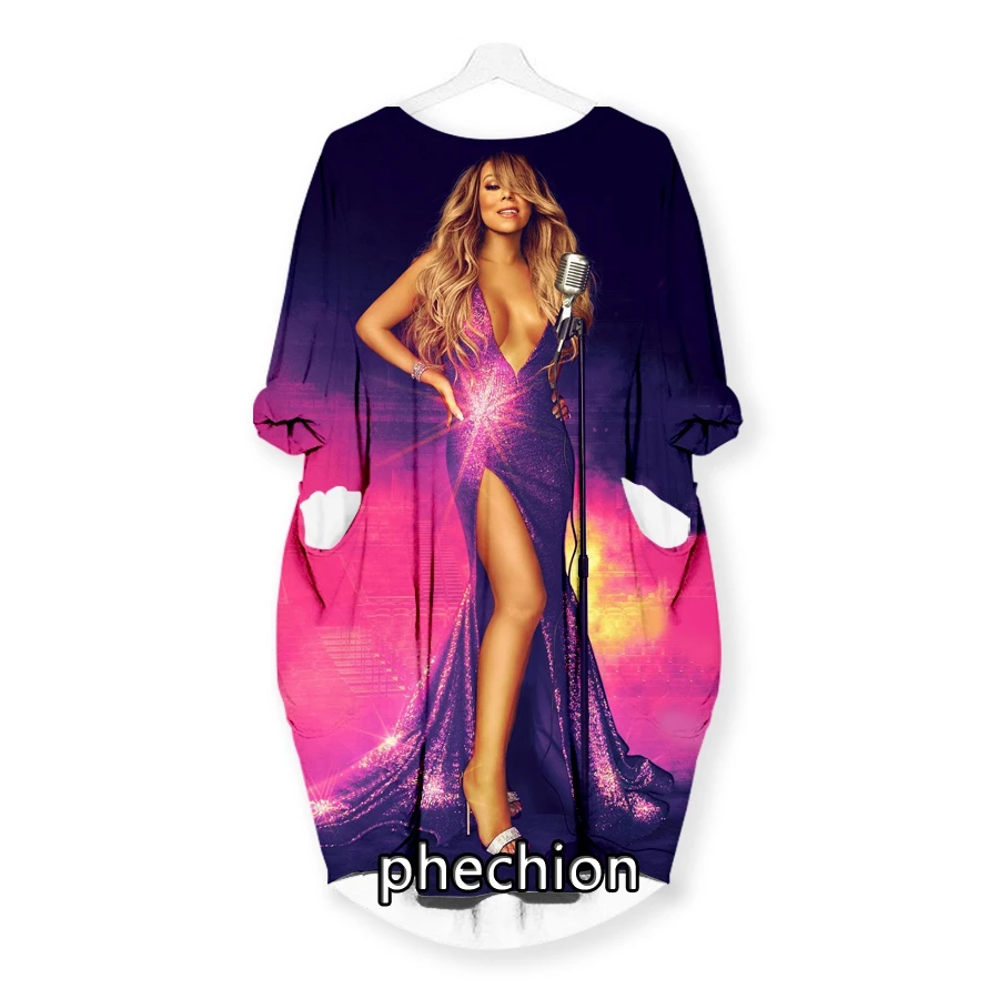 phechion New Fashion Mariah Carey 3D Print Dresses Casual Mid-length Dress Women Clothing Pocket Long Sleeve Tops T55