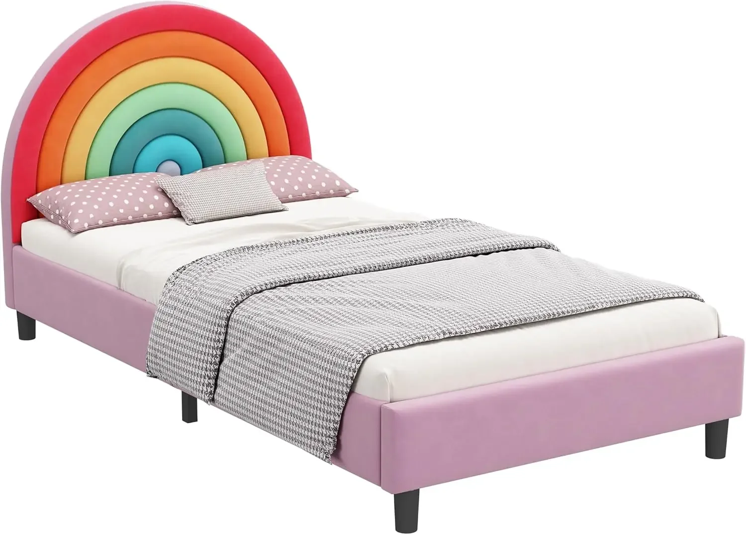 Cama de princesa gêmeo com cabeceira, cama de menina gêmea fofa, cama de plataforma dupla estofada para crianças, colorida e rosa