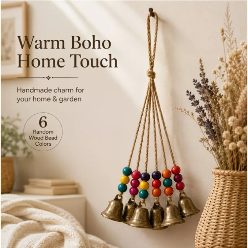 Hemp Rope Witch Bell Comes with 8 Coffee Beads and 8 Bells, A Magical Bell for Halloween Hanging Decoration