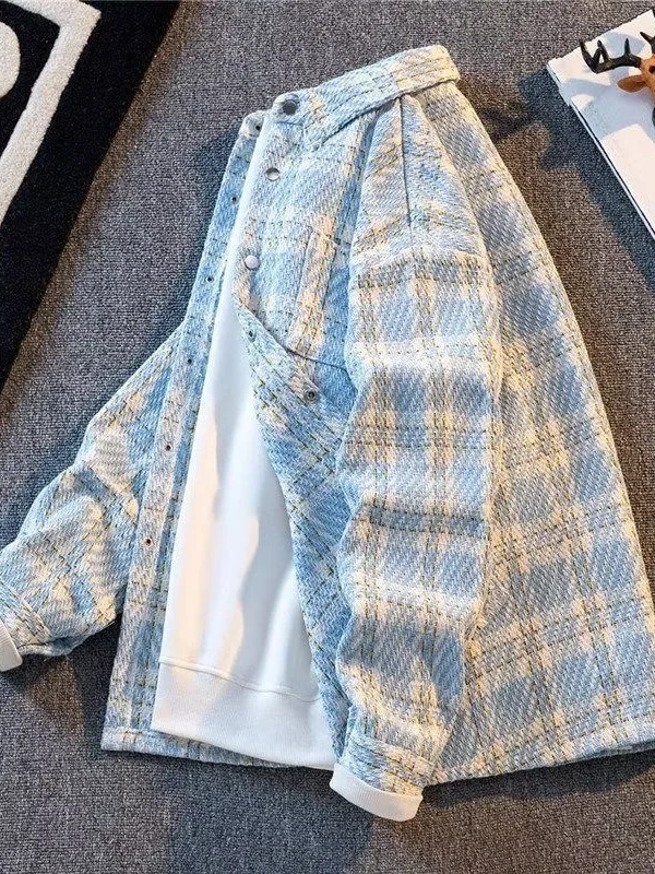 Retro Plaid Long Sleeve Woolen Shirt Jacket Men's Short Style Spring Autumn Trendy Loose Small Fragrance Wind Outerwear