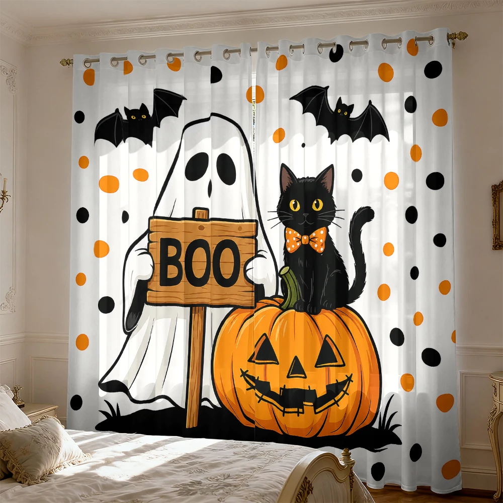 2pcs Halloween Ghost Pumpkin Bat Print Curtains Perforations Light Blocking Living Rooms Bedrooms Home Decorations