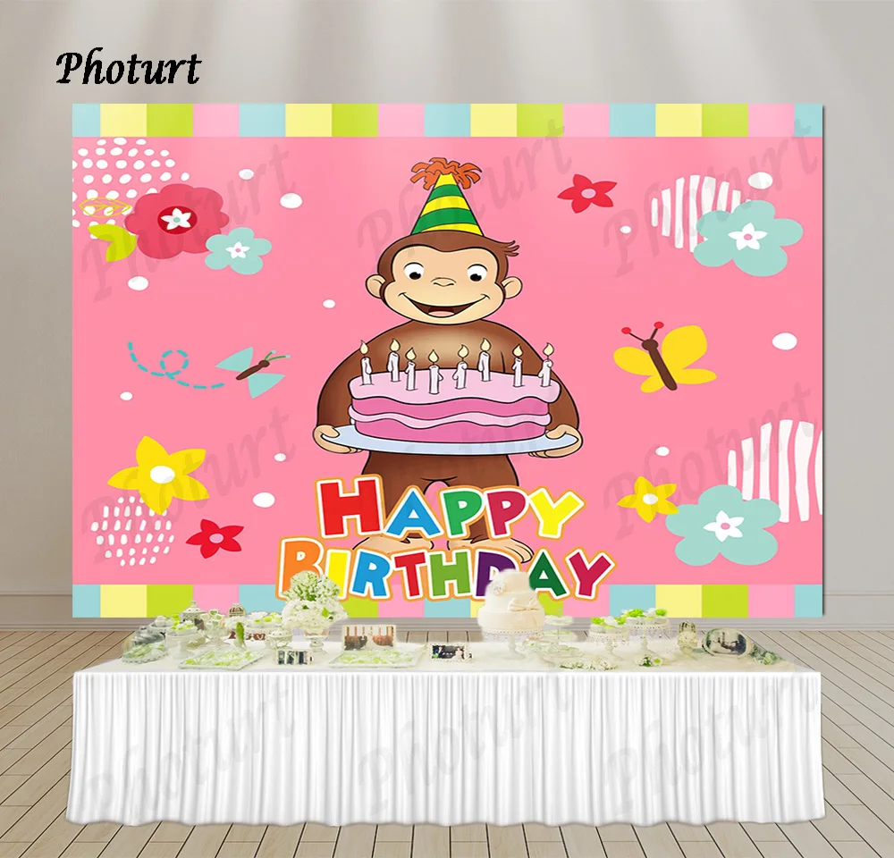 PHOTURT George Monkey Backdrop Kids Birthday Background Cake Candle Vinyl Polyester Photography Studios Decoration Props