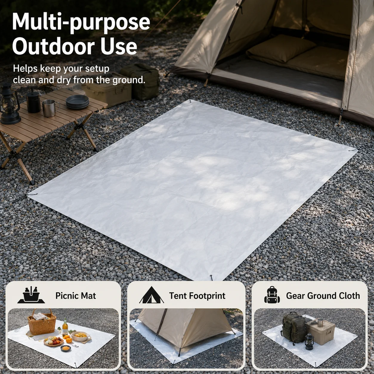 1056D Tyvek Camping Ground Sheet 55g/㎡ Ultralight Waterproof Tent Footprint Tear Resistant Foldable Picnic Mat with Guy Lines