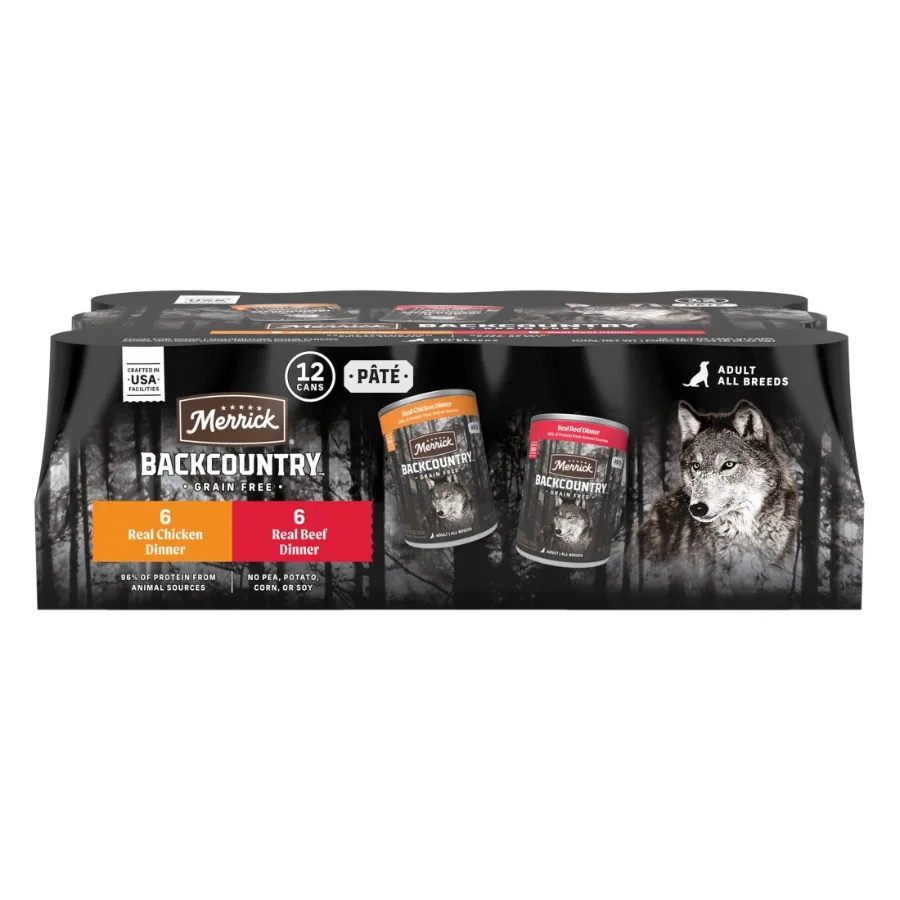 

Backcountry Wet Dog Food for Adults, Grain Free Real Beef and Chicken, 12.7 oz Cans