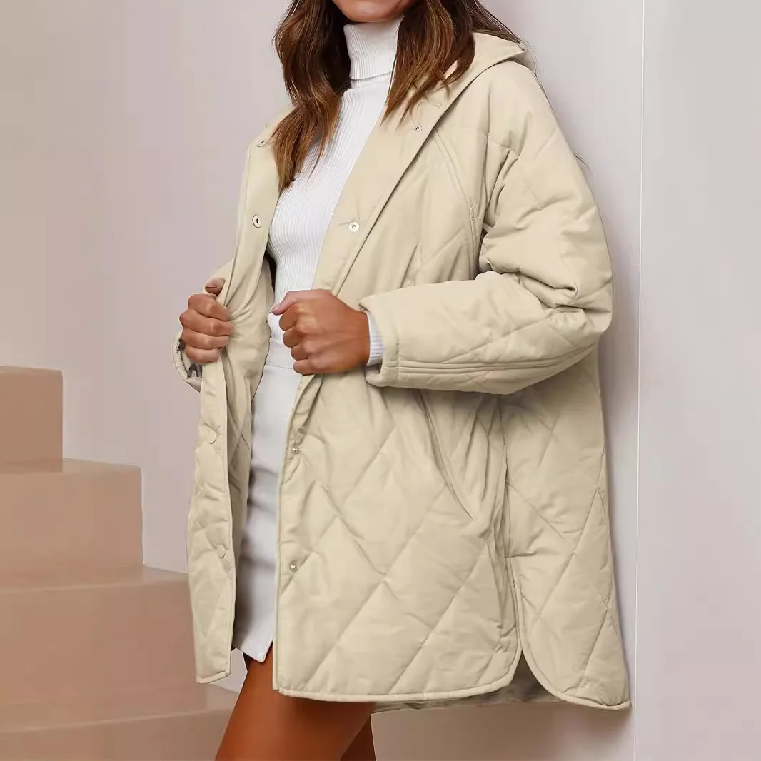 Women's Winter Mid To Long Casual Loose Artistic Jacket, Quilted Cotton Coat, Dia Grid Hooded Lightweight Jacket