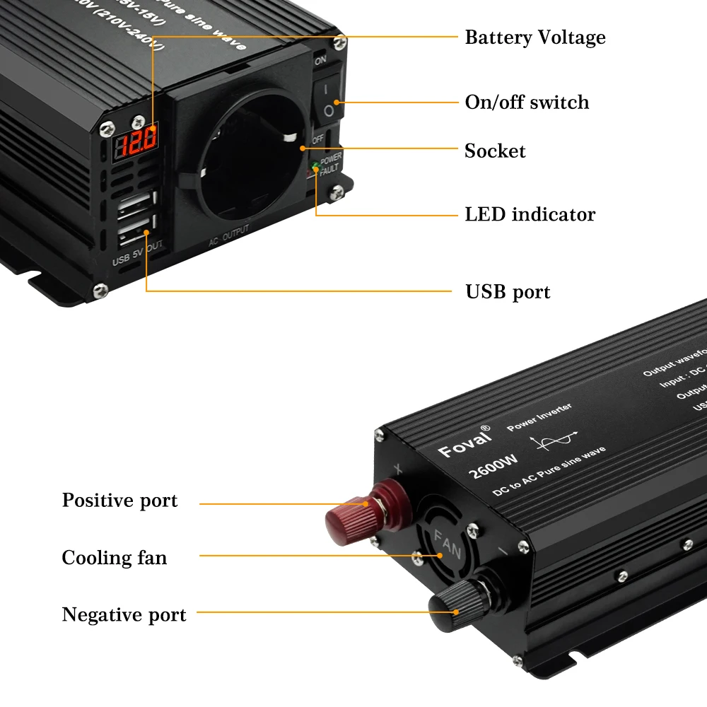 Pure Sine Wave Inverter 1000W-3000W DC 12V to AC 220V 50hz Power Inverter Charger Adapter EU Socket