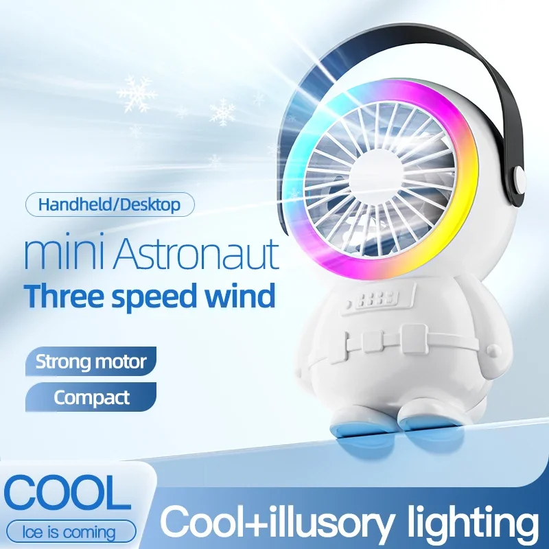 Colorful Night Light Astronaut Portable Fan USB Rechargeable 3 Speed Handheld Desk Fan Home Outdoor Wireless Desktop Air Cooling