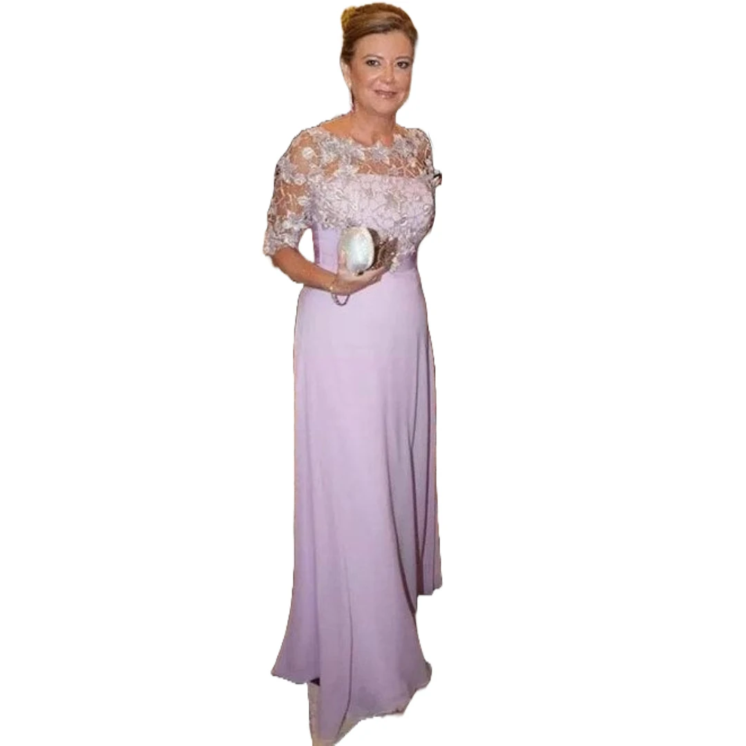 

Elegant Mother of the Bride Gown with Floral Lace Half Sleeves Lavender Chiffon Long Dress for Weddings and Special Occasions