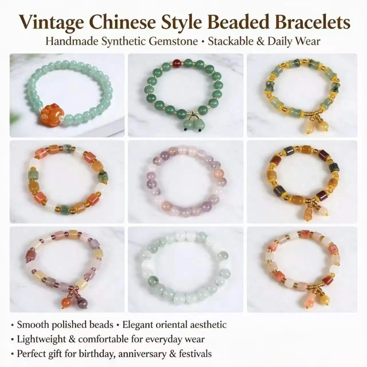 Handmade Beaded Bracelet Multicolor Stone Stretch Jewelry Elegant Oriental Vintage Lightweight Daily Wear Gift for Women