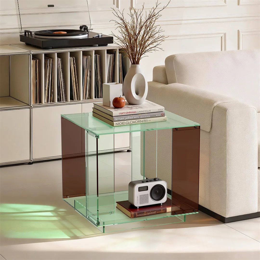 Green-Tinted Acrylic End Table Stand Bedside Nightstand with Open Shelf for Bedroom Living Room Side Table