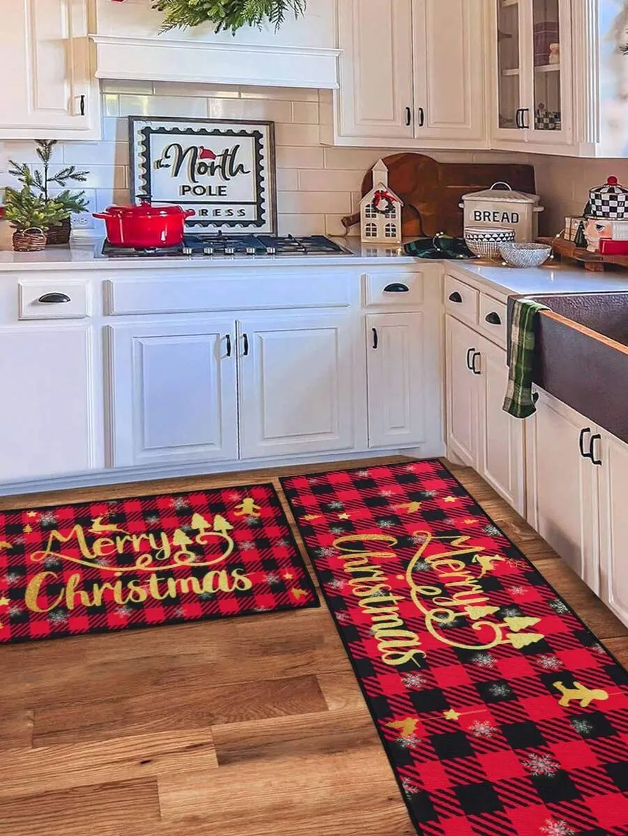 VIKAMA 2-Piece Red Checkered Merry Christmas Rug Set Stain-Resistant And Easy-Care Kitchen Mat Hallway Runner For Home Decor