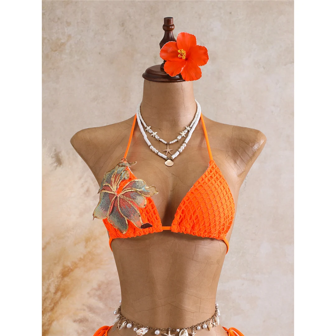 Mit Rock 3D-Blumen-Halter-Bikini Damen-Badebekleidung, dreiteiliges Bikini-Set, gepolsterter Badeanzug, Badebekleidung, Schwimmen V8346 – Detail 24