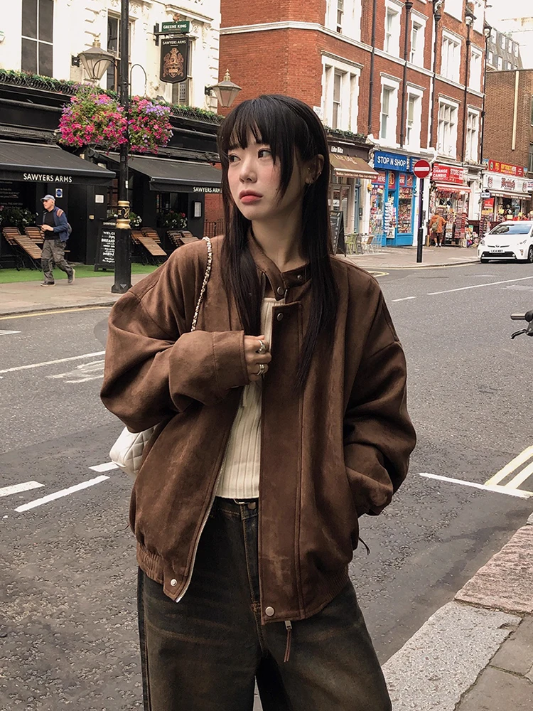 

Chic American Retro Stand Collar Zipper Loose Long Sve Suede Motorcycle Jaet Outerwear for Women Autumn New Sle