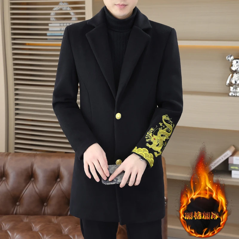 

Gold Luxury Embroidered Mens Overcoats Long Jackets Royal Black Fashionable Woolen Trench Coats For Winter Elegant Gentleman