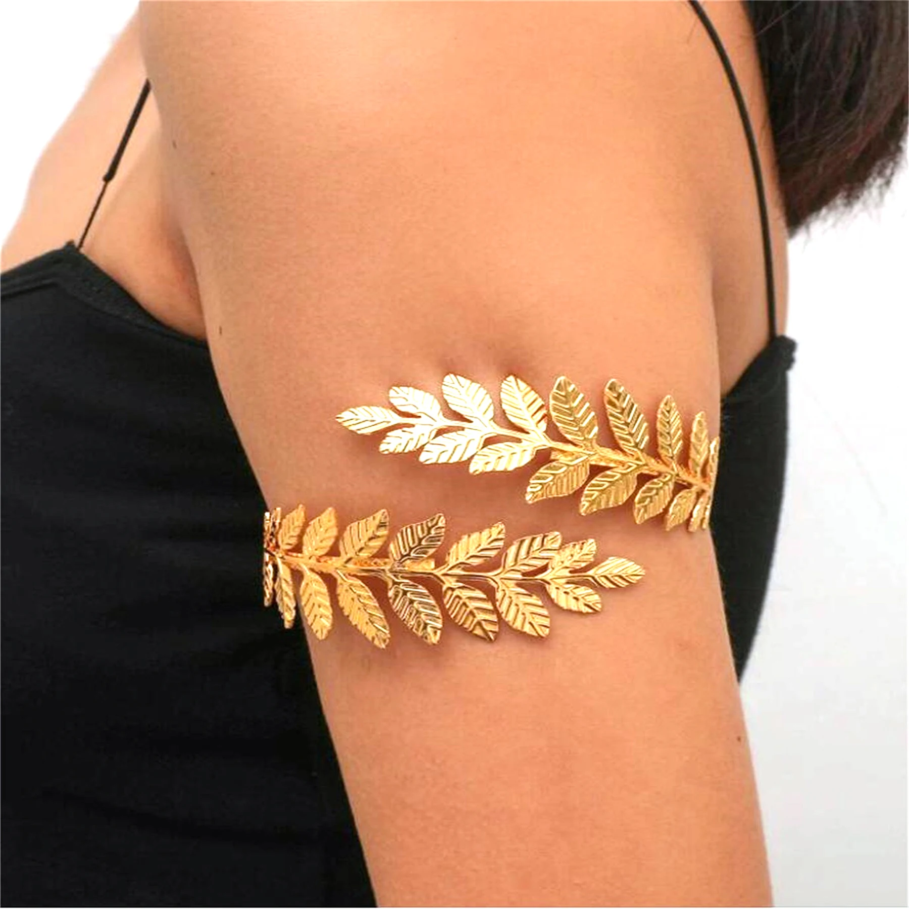 Golden Silvery Leaf Arm Bracelet for Women Greek Roman Bride Wedding Armband Bracelets Bangle Open Hand Jewelry Accessories