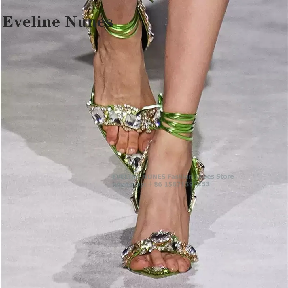 

Exaggerated Jewels Ankle Strap Sandals Pointed Toe High Heels Slingback Patchwork Luxury Shoes Runway Show Fashion Heels Trend