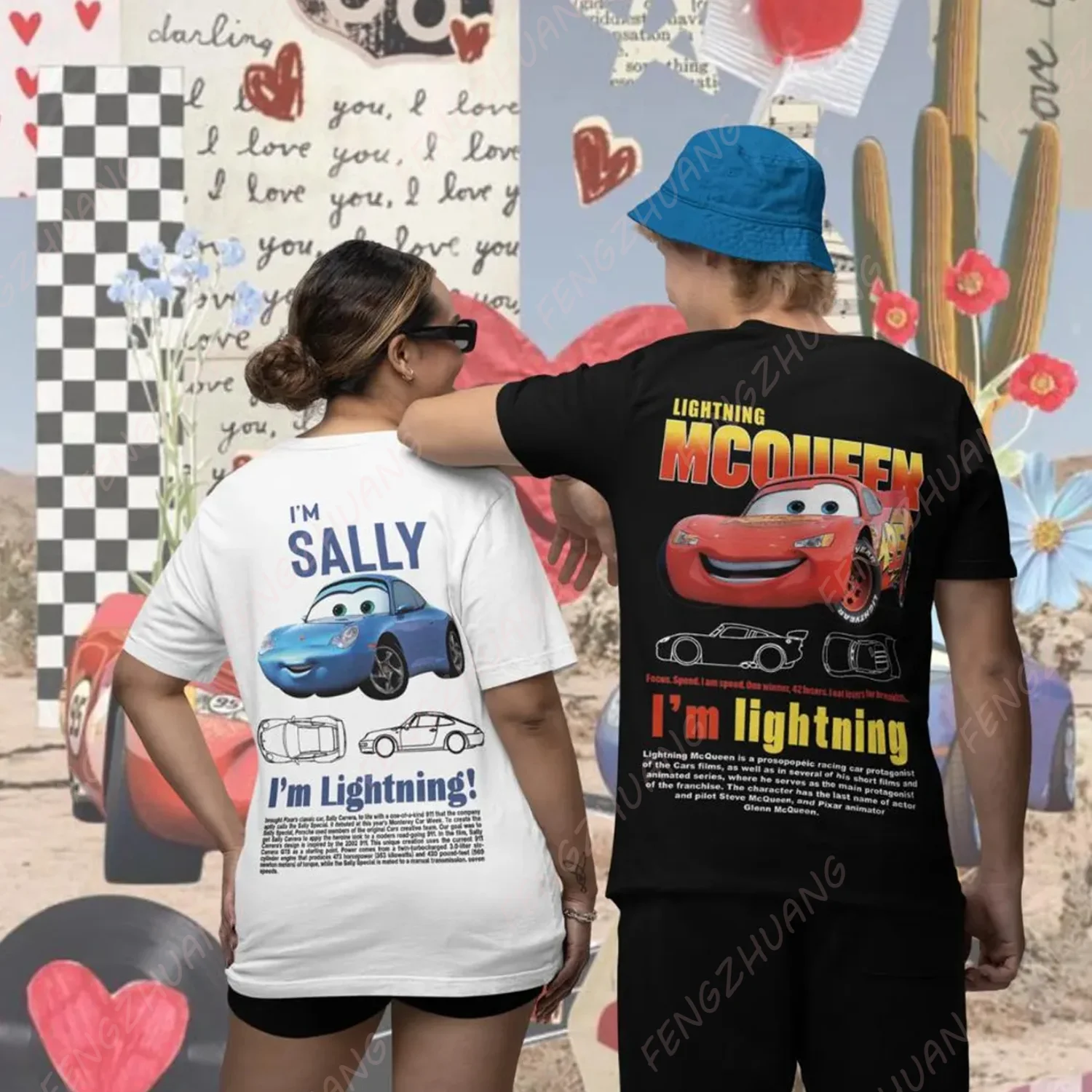 2024 The Cars Lightning McQueen & SALLY T-shirt Long Trousers Set Unisex Valentine's Day gift Hot Sale Faddish Casual Set image 2