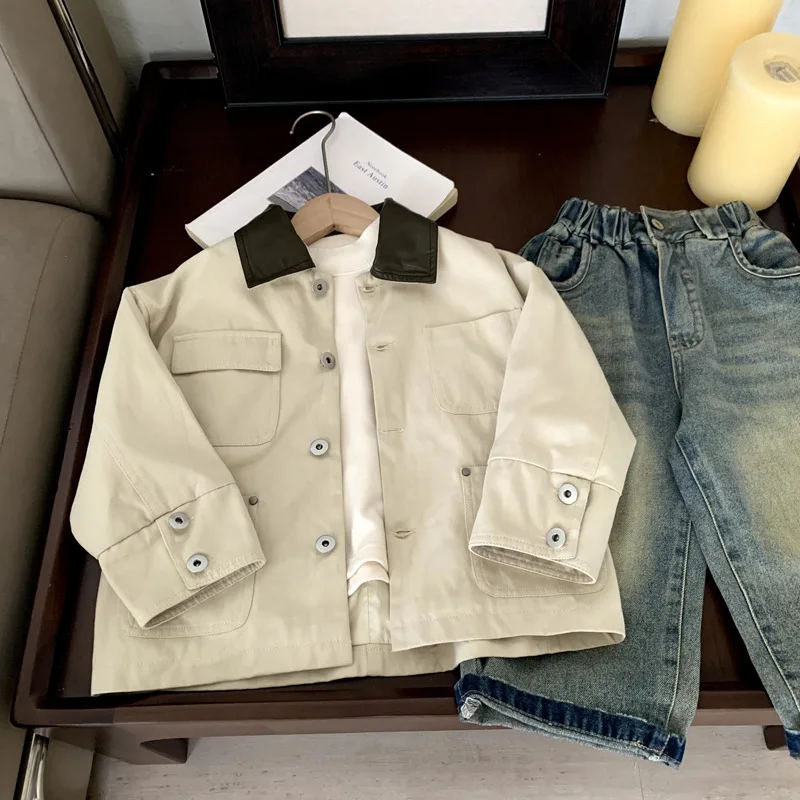 

Тренчи для мальчиков и девочек, весна-осень 202, модная повседневная винтажная джинсовая куртка средней длины с контрастным воротником, рабочая одежда