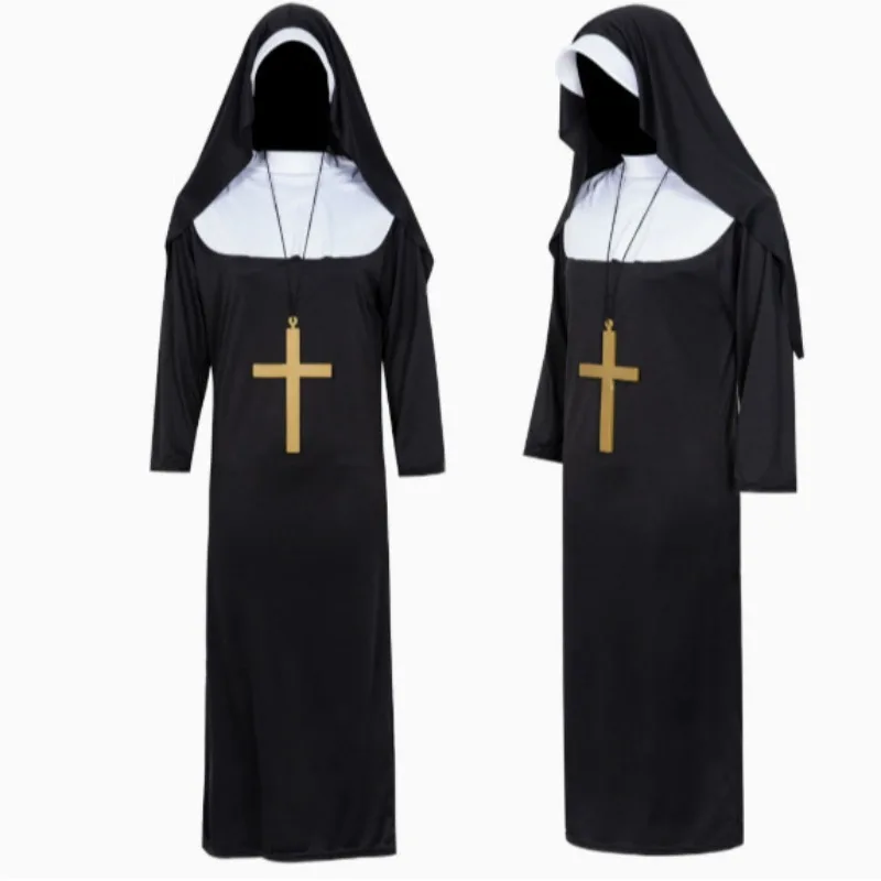 Gothic Nun Costume for Women Black Tunic with White Guimpe for Halloween Party Vampire Theme Cosplay and Theatre Performance view 3