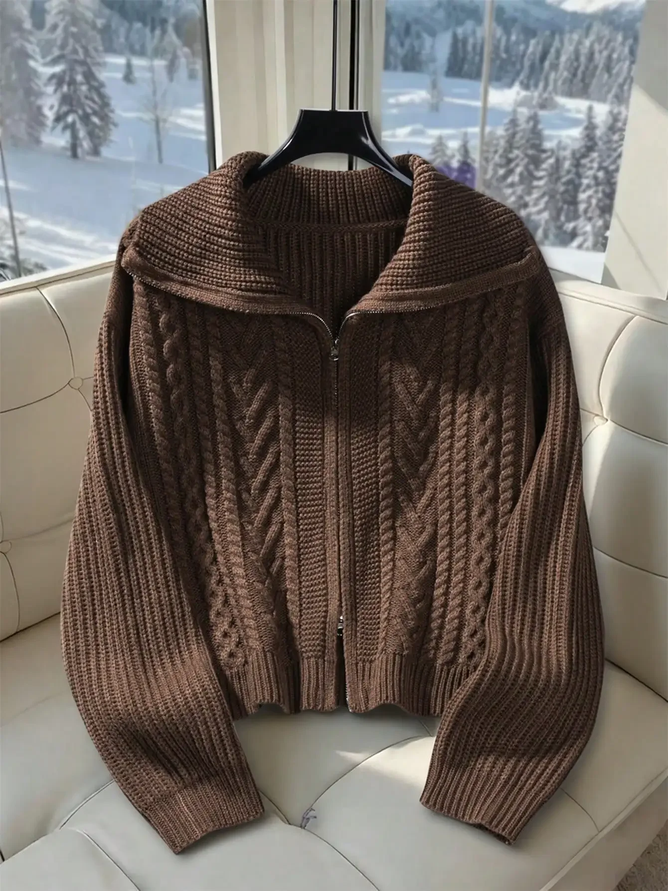 Womens Dual Zipper Knit Cardigan Vintage 90s Cabincore Lodge Aesthetic Long Sleeve Thick Sweater Jacket Mocha Cocoa Brown Braided Cable Textured Chunky Polo Collar Drop Shoulder Ribbed Hem Slouchy Baggy Cut For Fall Winter Getaway Outfits Christmas Gift