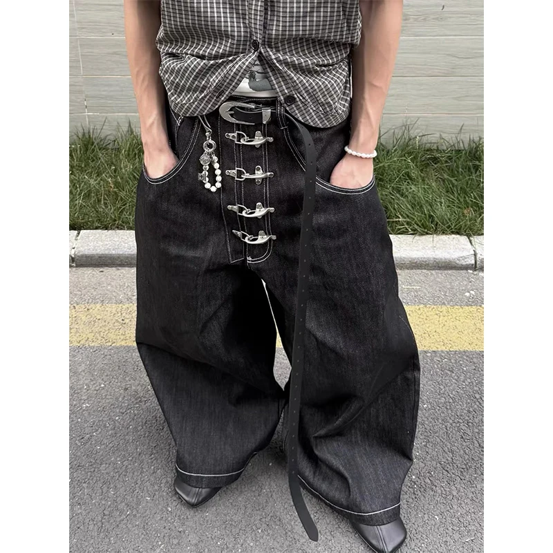 جينز رجالي أسود قوطي Y2k كبير الحجم Harajuku عتيق 90s فضفاض من قماش الدنيم بنطلون ياباني 2000s نمط صديقها جينز سروال الخريف #4