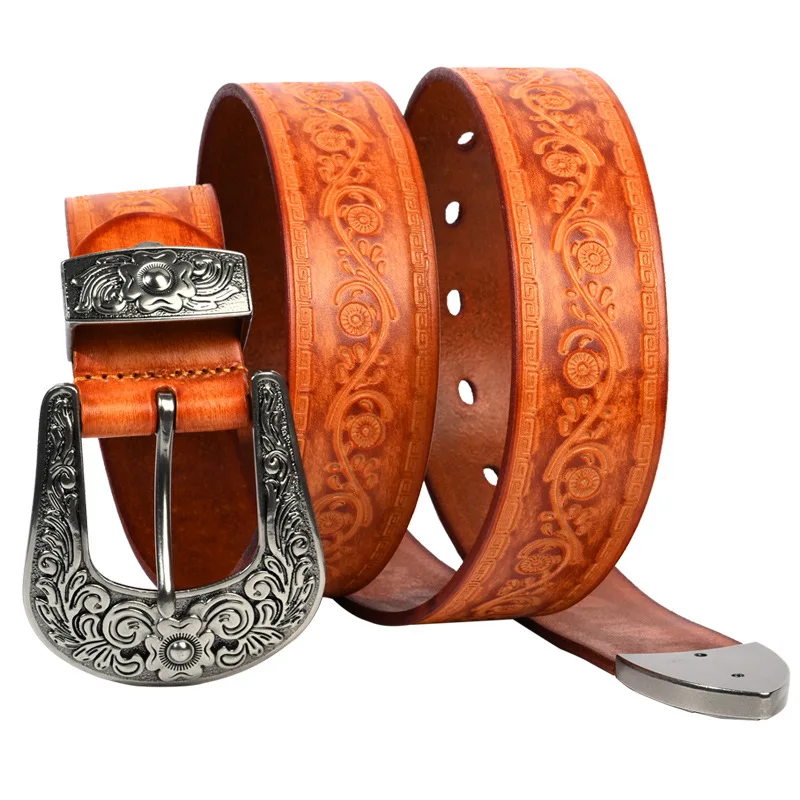 3.8cm New Embossed Top Layer Cowhide Men's Personalized Carved Flower Belt,Genuine Leather Retro Hip-hop Punk Ethnic Style Belt