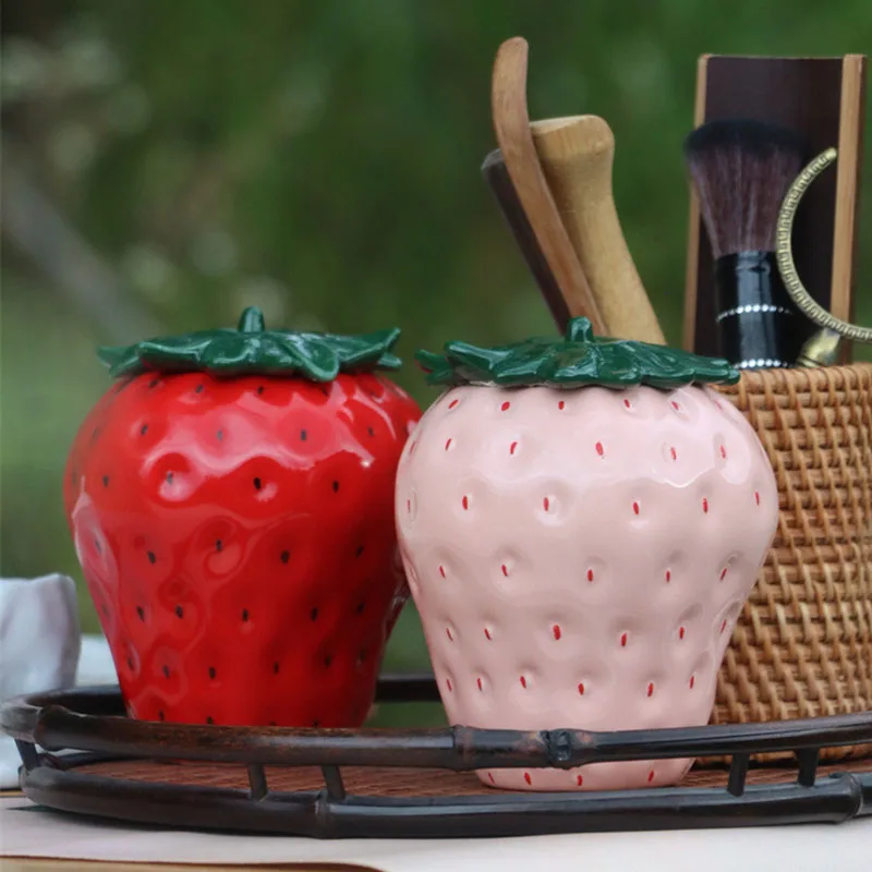 Ceramic Strawberry Tea Caddy Red Decoration Candy Jar Bedroom Jewelry Cosmetics Cotton Swab Storage Box Strawberry Ornaments New