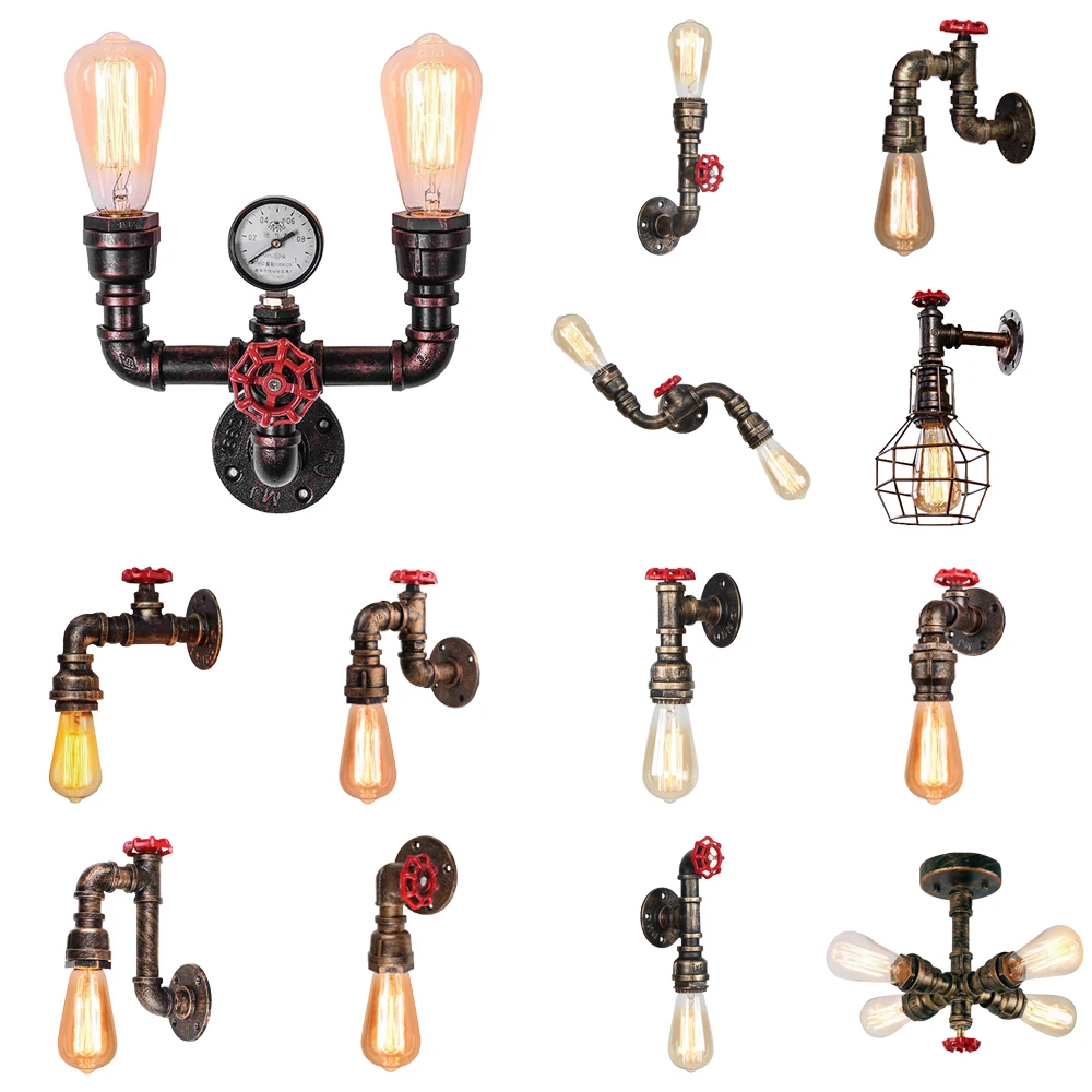 Industrial Water Pipe Wall Light Vintage Retro Loft Bar Cafe Ceiling Wall Lamp Sconce Lighting Home Bedroom Restaurant Decor E27