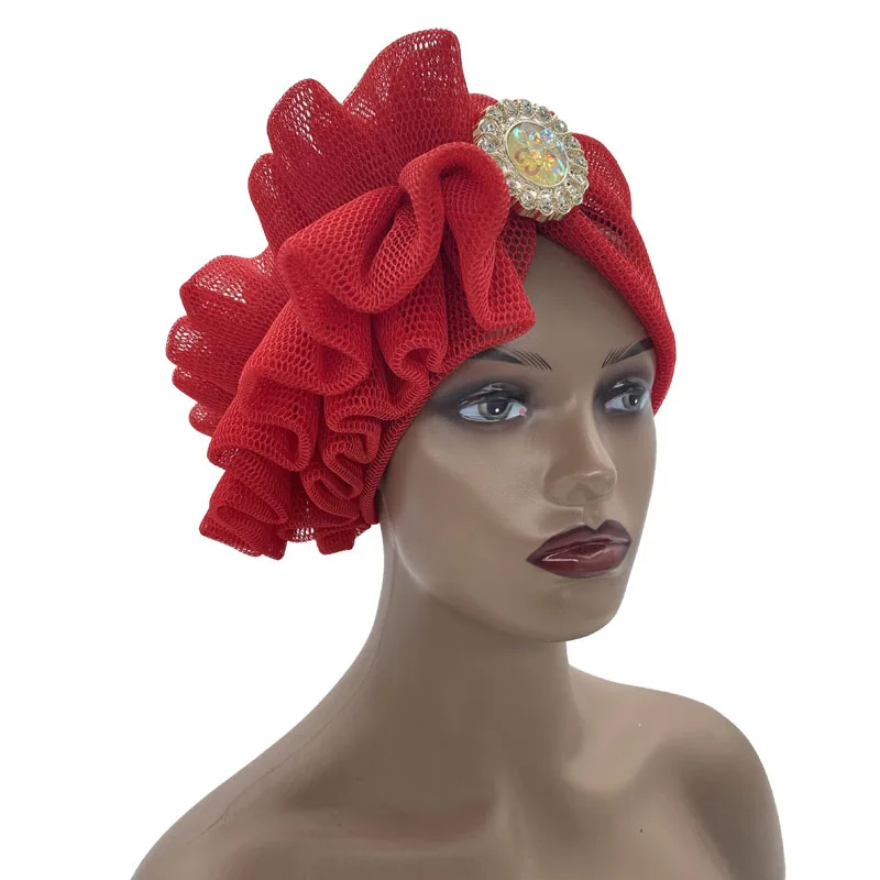 2022 Summer New Mesh Women\'s Turban Cap with Side Ruffles Design Already Made African Headtie Nigeria Auto Geles Lady Head Wraps