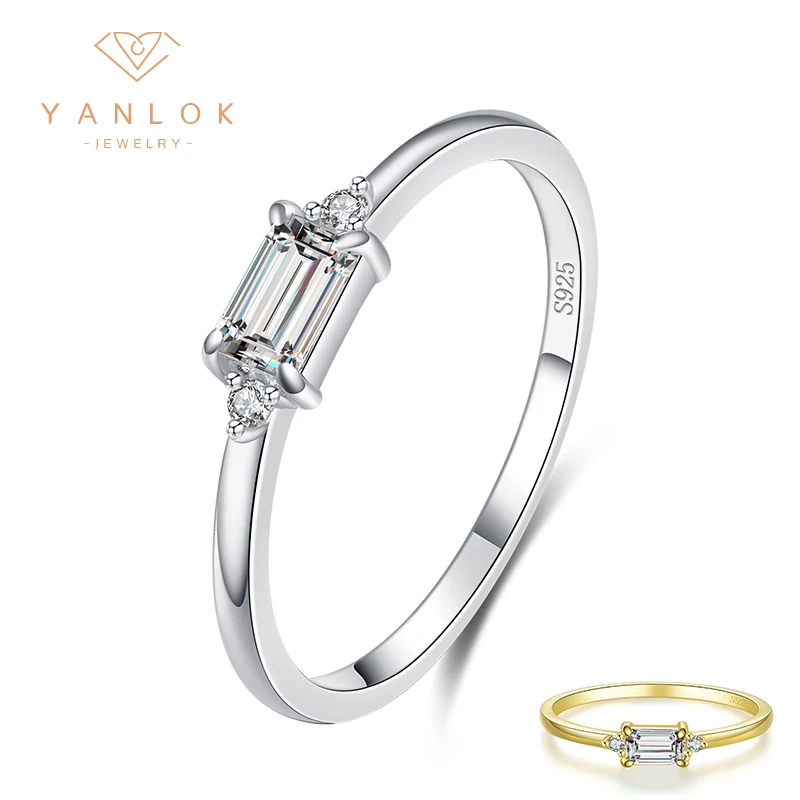 YANLOK 925 Sterling Silver Fashion Emerald Cut AAAAA Clear CZ Stackable Finger Rings for Women Engagement Wedding Jewelry