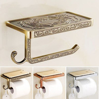 Toilet Roll Paper Rack Holder Phone Shelf Wall Mounted Bathroom Paper Holder Hook Art Carved Gold Mental Antique Chrome