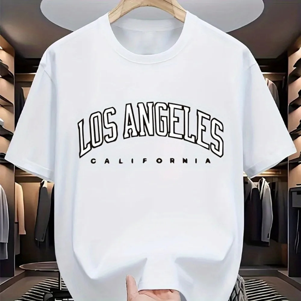 American men's summer training Los Angeles letter print micro elastic breathable round neck T-shirt outdoor casual sports top