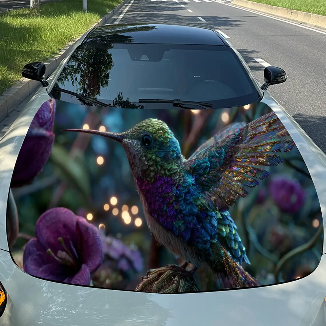 Radiant Hummingbird Among Purple Blossoms Car Hood Stickers - Self-Adhesive, Waterproof and Durable Vinyl Wrap, Decorate And Pro