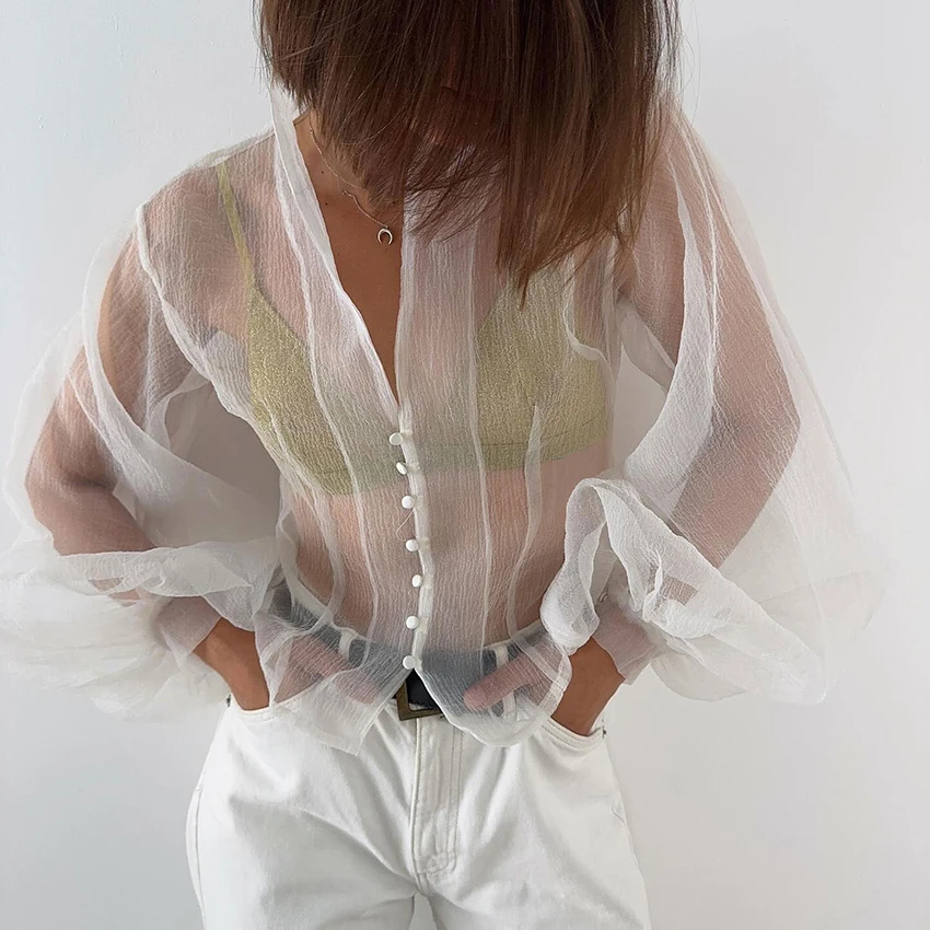 

Linad Sexy White Sheer Shirts Female 2025 Autumn Elegant Lantern Sleeve Woman Blouse Casual Single-Breasted Tops Ladies 2025