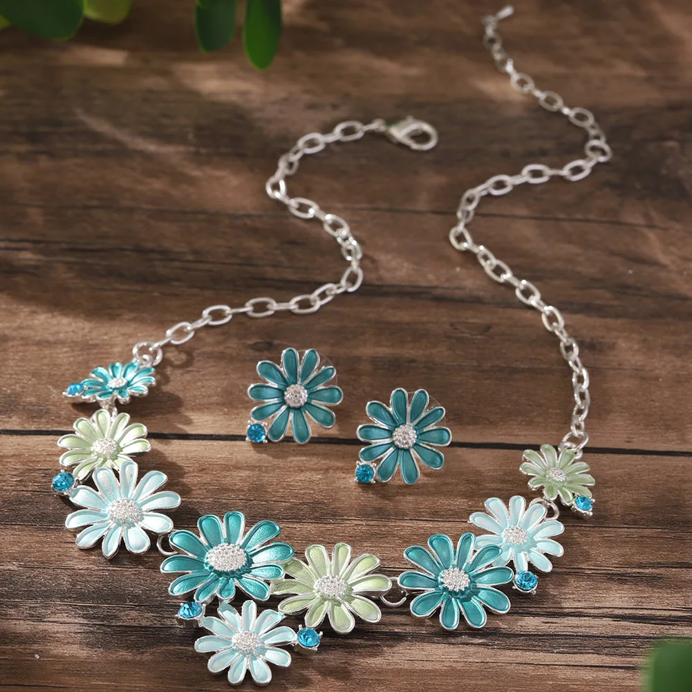 Women's Multi Color Daisy Enamel Necklace Earring Set