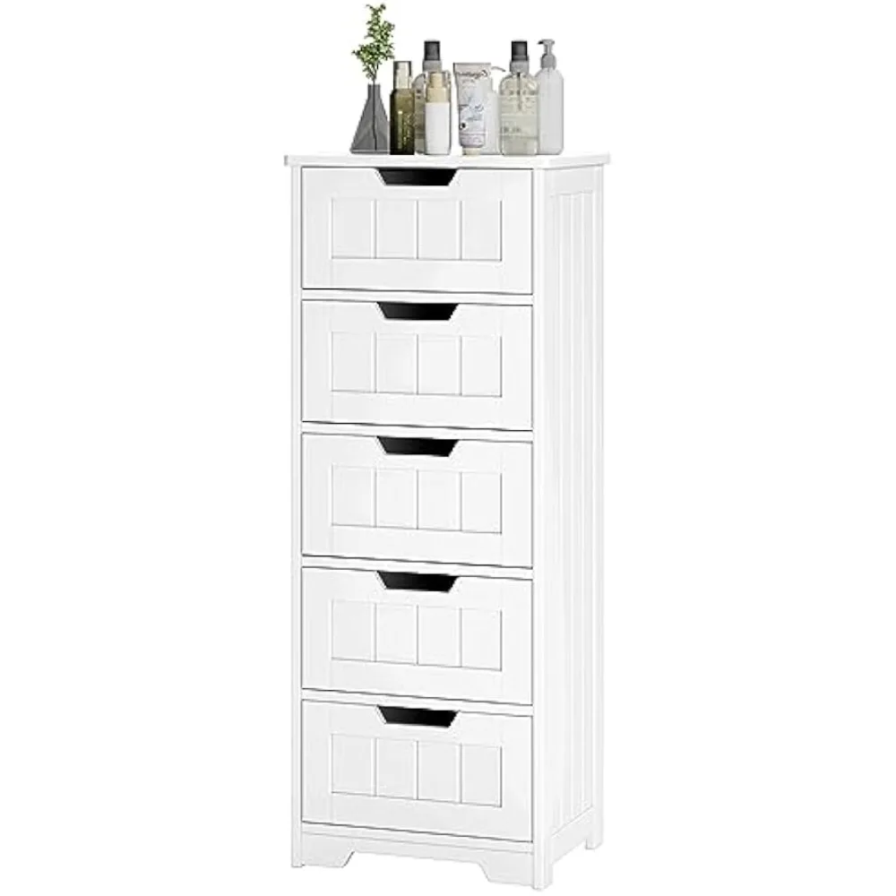 

Bathroom Floor Cabinet, Free-Standing Storage Cabinet with 5 Drawers, 11.8” x 15.7” x 40.1” Wooden Storage Cabinet with Cut-Out