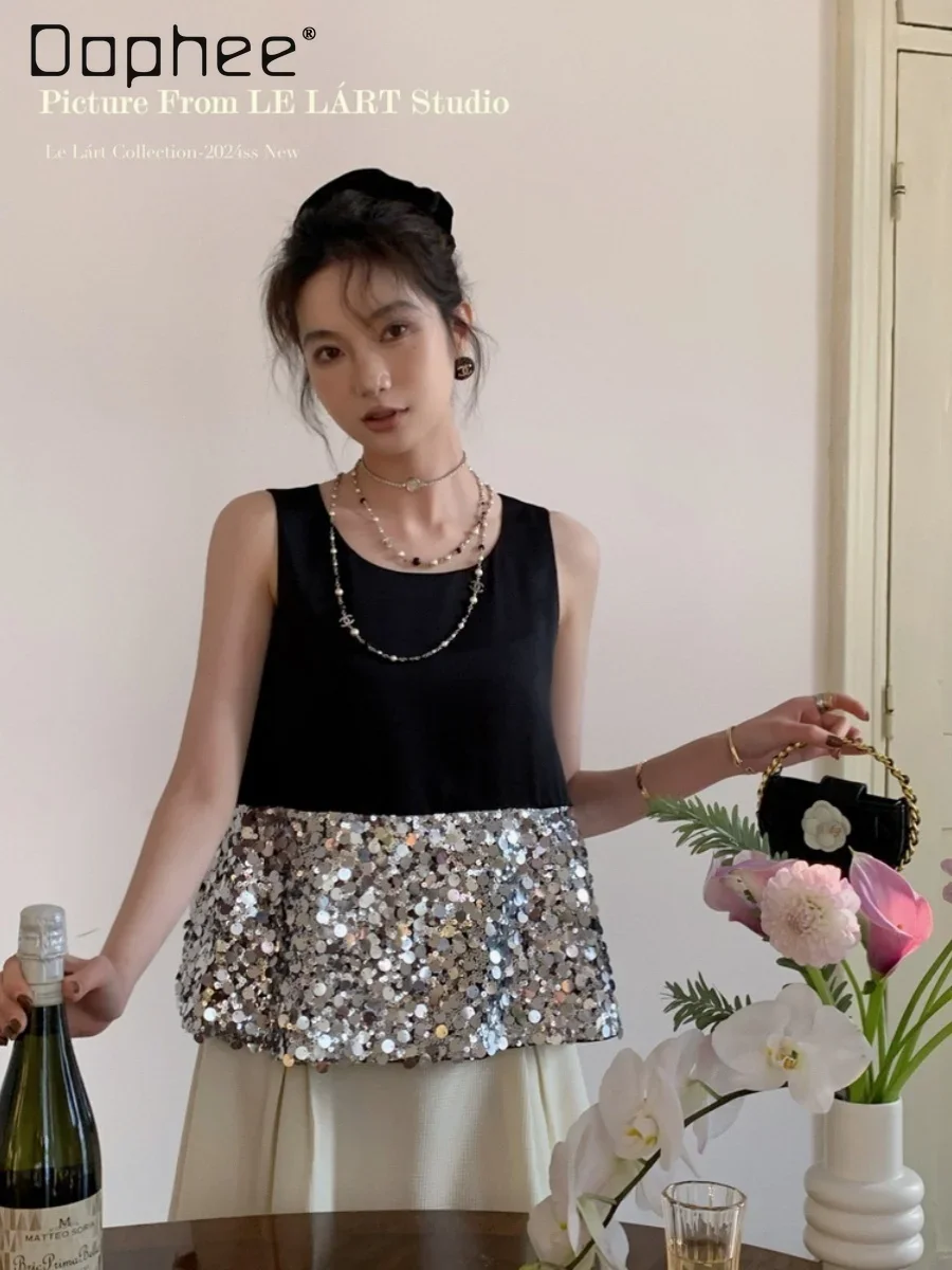 

French Style Sequin Tank Tops Women Round Collar Sleeveless Loose Contrast Color Patchwork Elegant Camisole Female Fashion