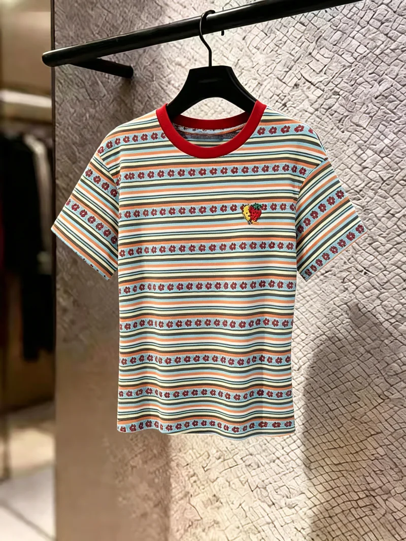 

Unique Retro Rainbow Stripes round Neck Short Sleeve T-Shirt Women's Summer New Style Age-defying Korean Straight-cut Silk Top
