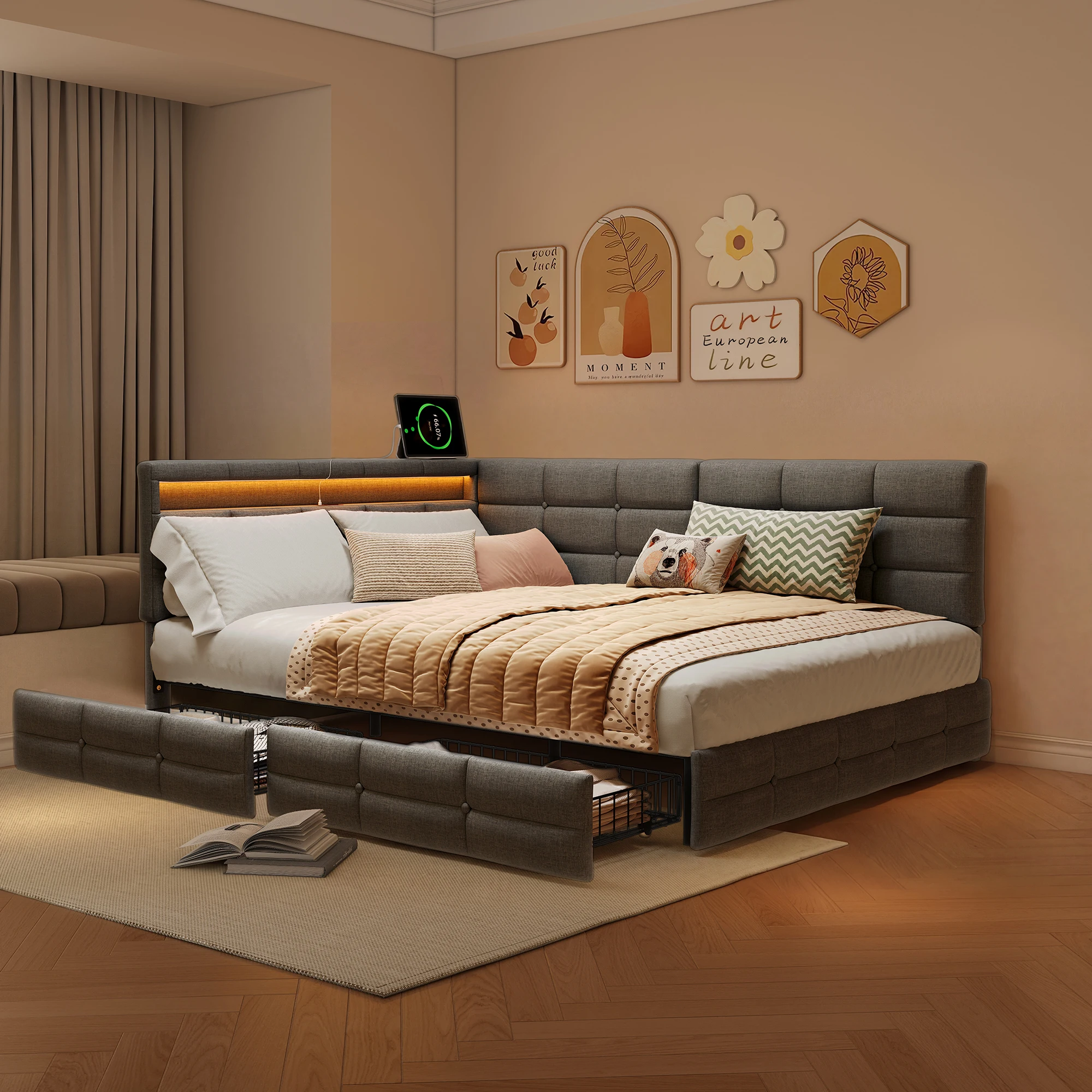 Fangange tweepersoonsbed, 140x190/200cm, L-vormig gestoffeerd bedframe met USB & LED-verlichting & 2 lades, linnenstof, zonder matras