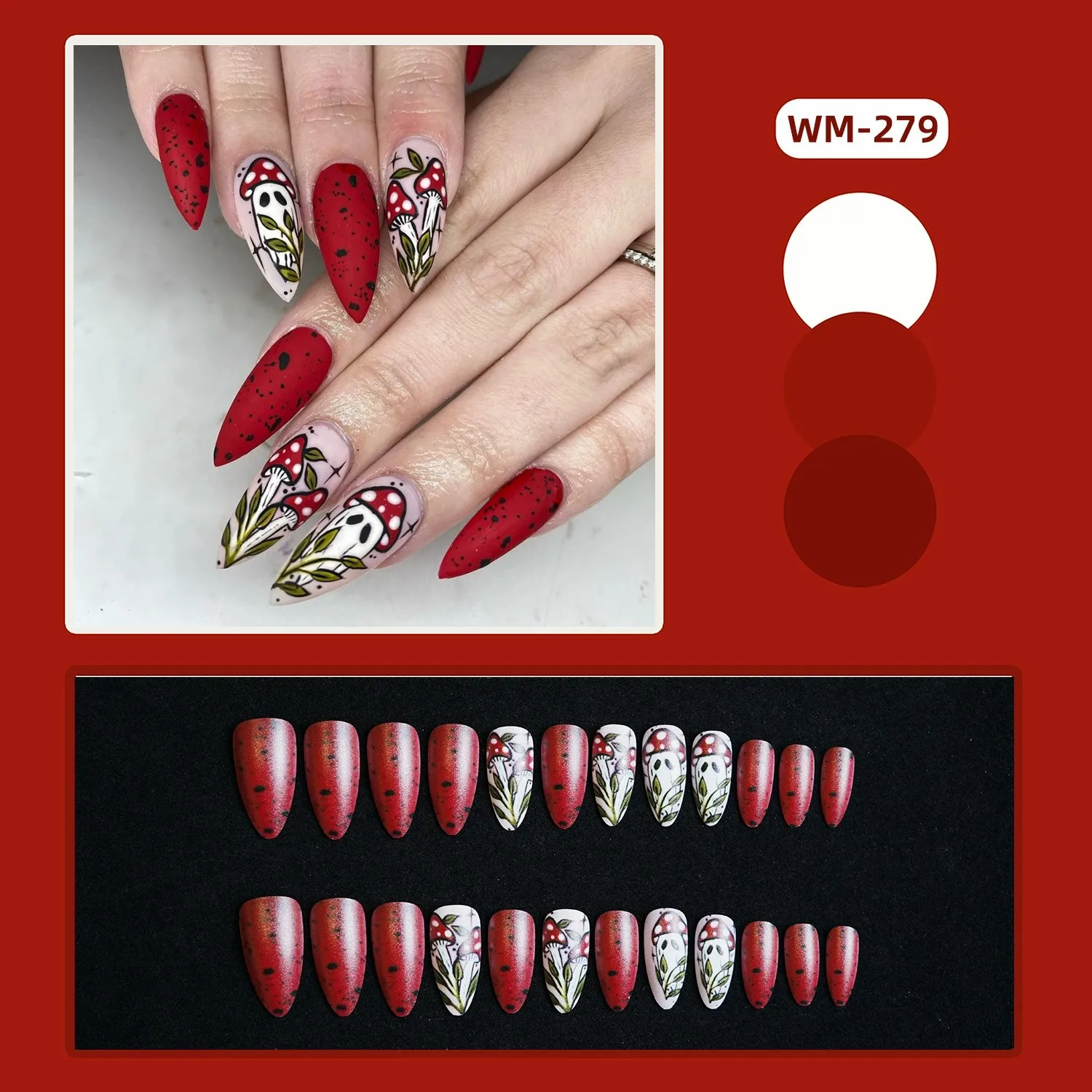 24 pièces Halloween champignon fantôme amande faux ongles longue pression sur les ongles mode dessin animé rouge rond faux ongles avec Design amovible