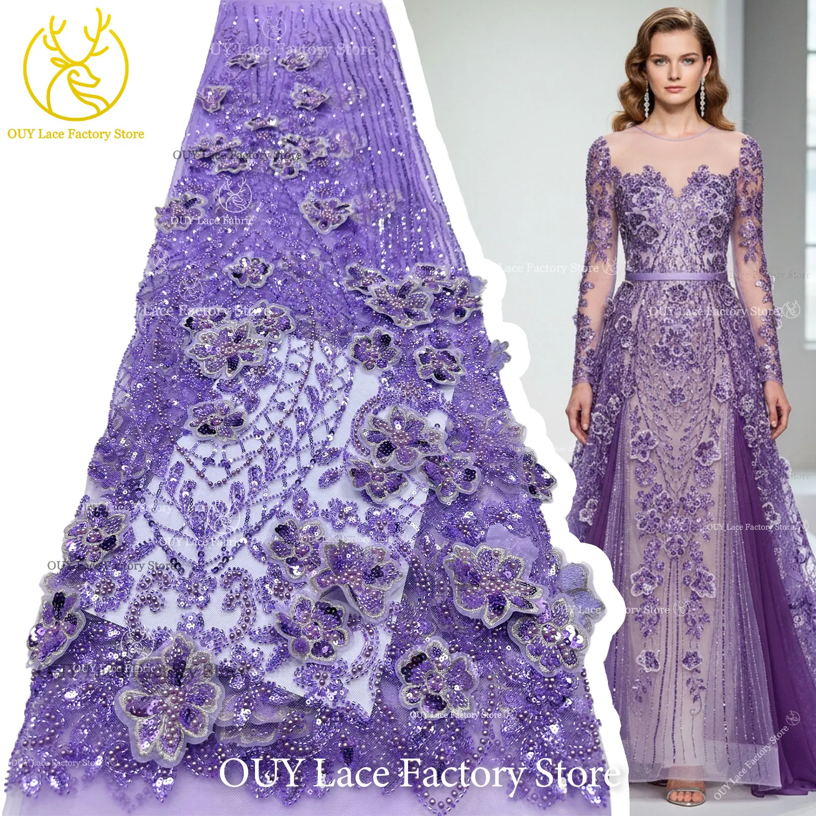 3D Embroidery Flower French Sequins Beaded Lace Polyester Fabric 2026 High Quality African Lace Fabric For Wedding Party Tulle 5
