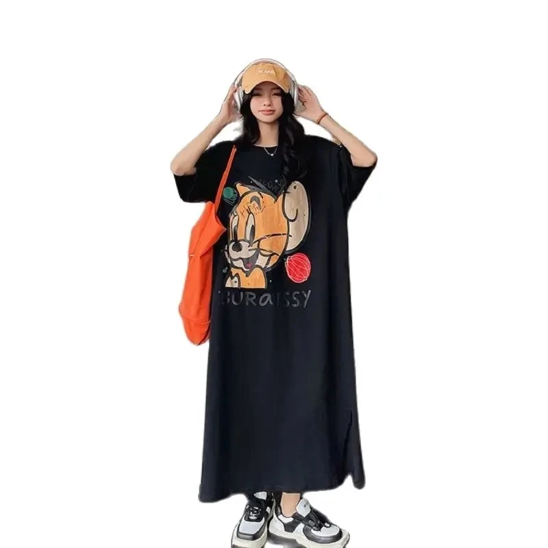 Fashion Cartoon Print Extra Long Ankle Dress Dresses for Women 2024 Casual New in Dresses Loose Slim Short Sleeve T-shirt Dress